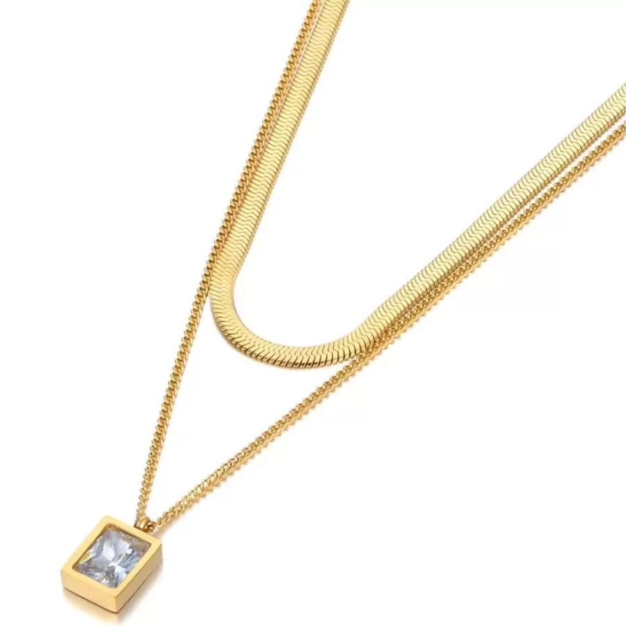 Anti Tarnish White Emerald Geometric Layered Necklace